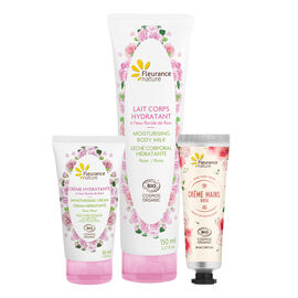 Les 3 soins à la rose : Lait corps 150ml + Crème hydratante 50ml + Crème mains 30ml