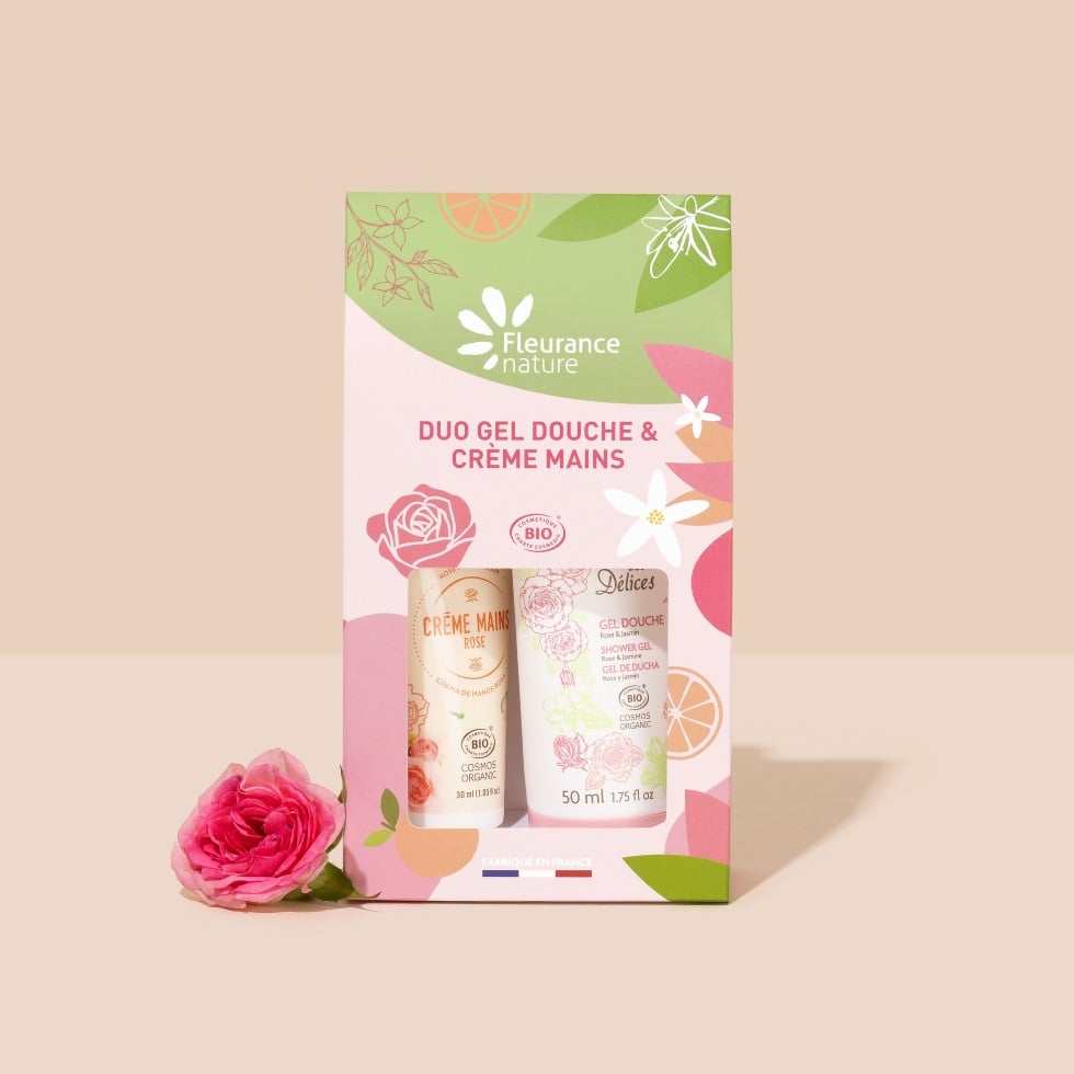 Pochette cadeau crème mains et gel douche à la rose bio Fleurance Nature