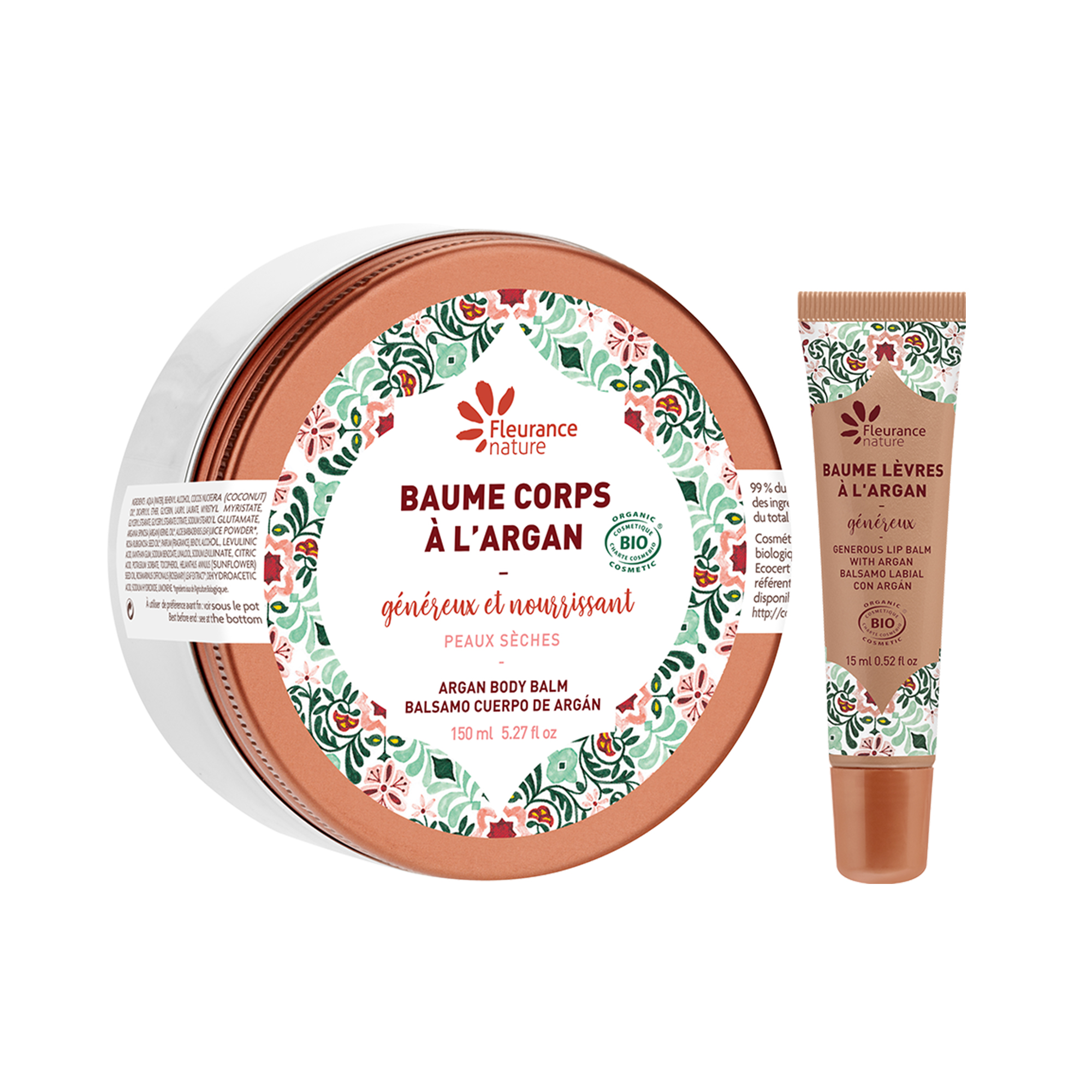 Duo baume lèvres à l'argan et baume corps généreux à l'argan cosmétique bio