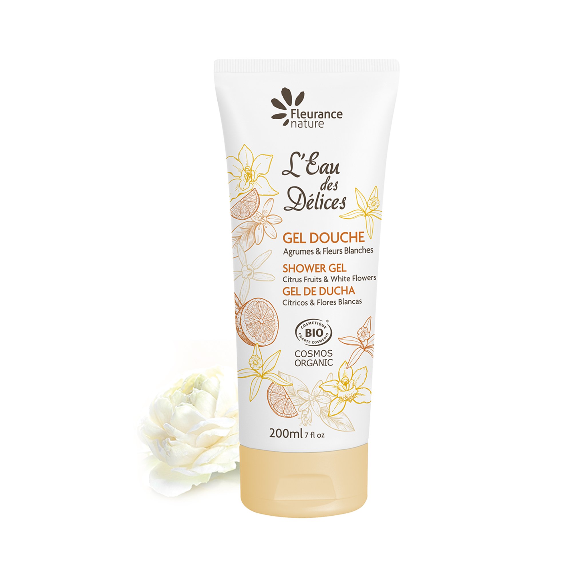 Gel douche parfumé à l'Eau des Délices Agrumes & Fleurs blanches 200 ml cosmétique bio