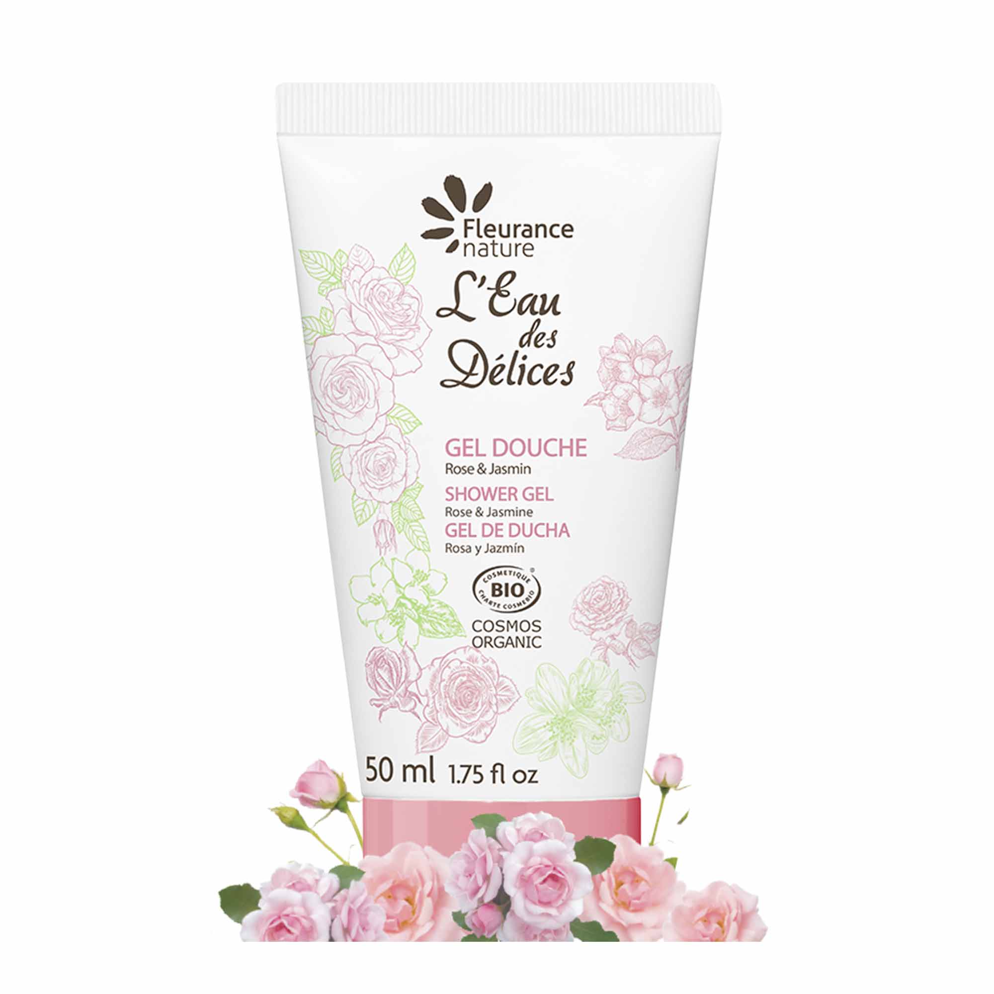 Gel douche parfumé à l'Eau des Délices Rose & Jasmin 50 ml cosmétique bio